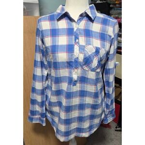 Columbia Sz M Ladies PFG Fishing Blue‎ White Plaid Popover Shirt Roll-Up Sleeve